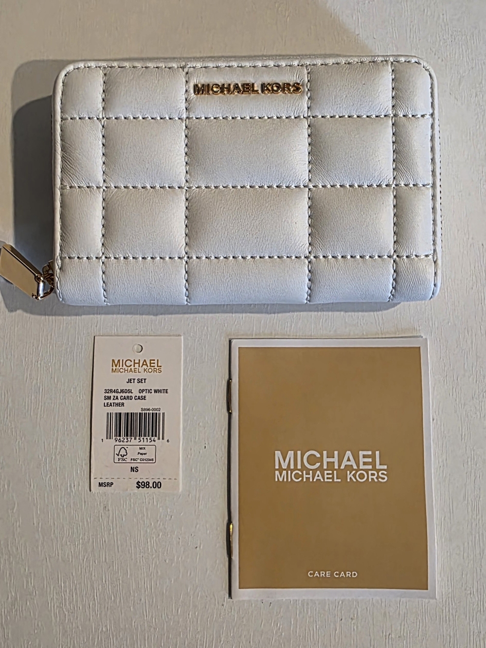 Michael Kors Optic White Quilted Leather Zip Card Case with Gold Logo